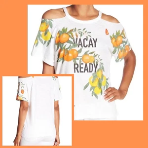 Lucky Brand T Shirt Cold Shoulder XS Vacay Ready Top Shirt Summer Fruit White - Picture 1 of 12