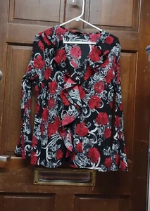 East 5th Women's Sz 1X Black Shirt Button Down Ribbed Long Sleeve Floral Ruffles - Picture 1 of 3