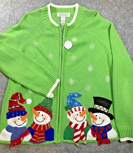 Suéter de muñecos de nieve TIARA INTERNATIONAL para mujer talla XL verde lima manga larga cremallera completa - Imagen 1 de 7