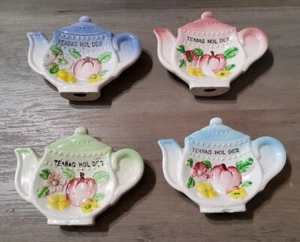Vintage Tea Bag Japan Teapot Shape Holders Set 4 Apple Flowers Green Pink Blue - Picture 1 of 5