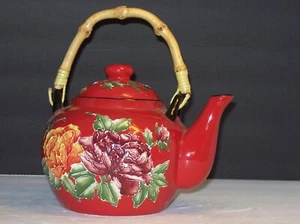 PIER 1 IMPORTS PEONY FLORAL RED TEAPOT WITH BAMBOO HANDLE - Picture 1 of 5