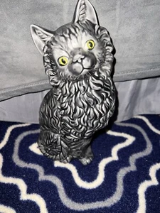 Ceramic Cat Figurine Gray Kitty Green Eyes 11" Tall Vintage 1978 Hand Painted - Picture 1 of 10