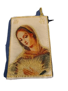 OUR LADY Jesus Gold Rosary Pouch 2 Sided Zippered Icon Cloth Case Coin Bag Gift - Picture 1 of 3