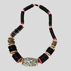 Mosaic Seashell Statement Necklace Wood Beads 18 Inches