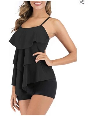 FLYILY Women Black 2 Piece Tankini Swimsuit Flounce Top with Boyshorts Large 14 - Image 1 of 4