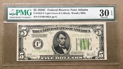 1928C  $5 FRN  ~  ATLANTA  ~ FR. 1953-F LGS []  PMG 30 EPQ  Ser#  F 2769 1465 A - Image 1 of 3
