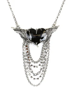 Wing Heart Stone Chain Steampunk Necklace Lace Pendant Punk Goth Cyber Rave - Picture 1 of 1