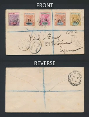 1894 SEYCHELLES COVER TO AUSTRALIA 1893 QV SURCH SET TO 90c RARE REG LETTER - Image 1 of 4