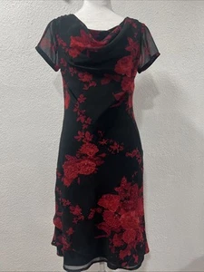 VTG Y2K Connected Sheer Black Slip Dress Asymmetrical Red Rose Beaded Cowl Md - Picture 1 of 17