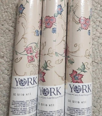York Wallpaper Pink & Blue Floral on Ivory CC 5116 R11 3 Rolls 11 Yards x 20.5" - Image 1 of 4