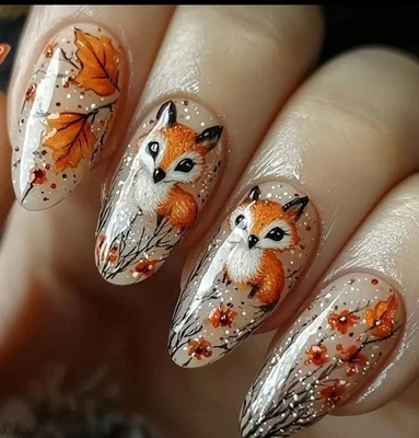 24 Pc FALL FOX Orange Almond Leaves Falling Bold Autumn Nails Glue Nail Set Fall - Image 1 of 4