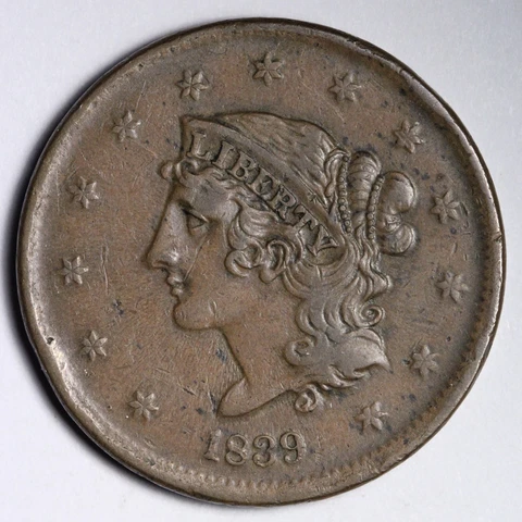 1839 booby Head Large Cent CHOICE AU E137 GCEF Cover