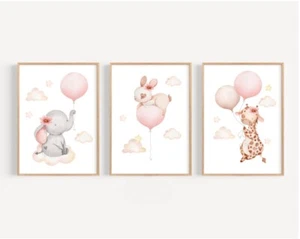 Mädchenzimmer Kinderzimmer Drucke, Baby Tiere Ballondruck 3er Set Wandkunst Bild Zuhause - Bild 1 von 4