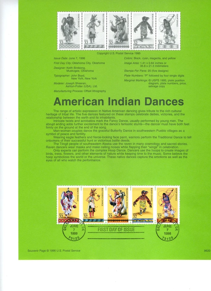 1996 USPS Souvenir Page 32¢  AMERICAN INDIAN DANCES  #9618 w/Watermark Archival - Image 1 of 1