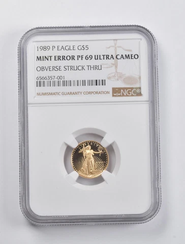 PF69UCAM Error 1989-P $5 American Gold Buffalo 1/10 Oz OBV Struck Thru NGC *2930 Cover