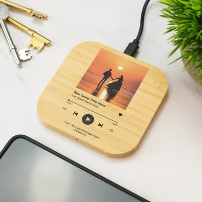Personalised Song Album Wireless Phone Charger Wooden Printed Cell Phone Gift - Image 1 of 4