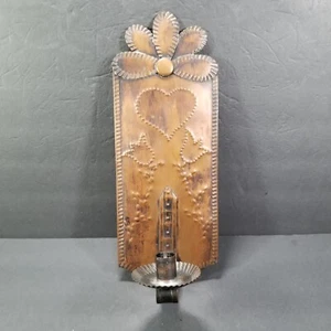 14" Primitive Punched Tin Tulip Heart Copper Flower Sconce Candle Holder - Picture 1 of 14