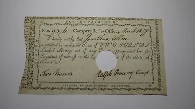 1790  £2 Connecticut CT Interest Cert. Colonial Currency Note Bill Ralph Pomeroy - Image 1 of 2