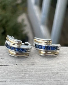 18k Gold & 925 Sterling Silver Designer FM 2tone Sapphire Omega Back Earrings - Picture 1 of 8