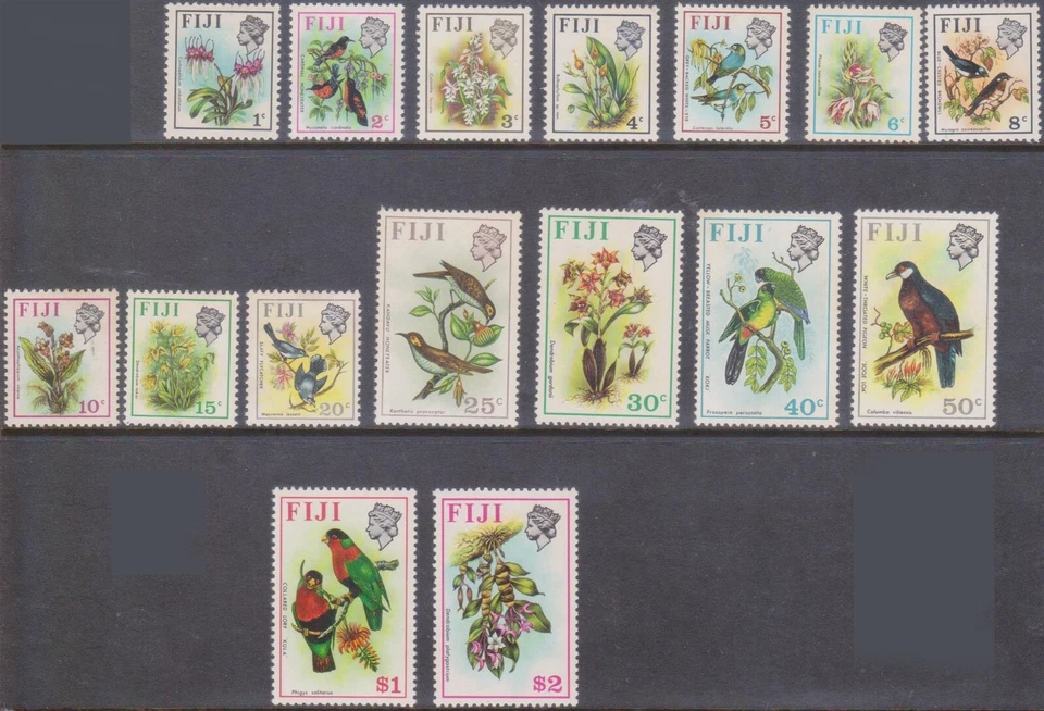 (F263-159) 1971 Fiji conjunto de 16 sellos QEII pájaros y flores 1c a $2 MUH (FI) (DL2 Foto 1 de 1