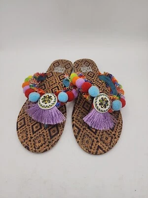 MukLuks Womens Rainbow Pom Pom Fringe Maryanne Boho Sandals Size 9 - Image 1 of 4