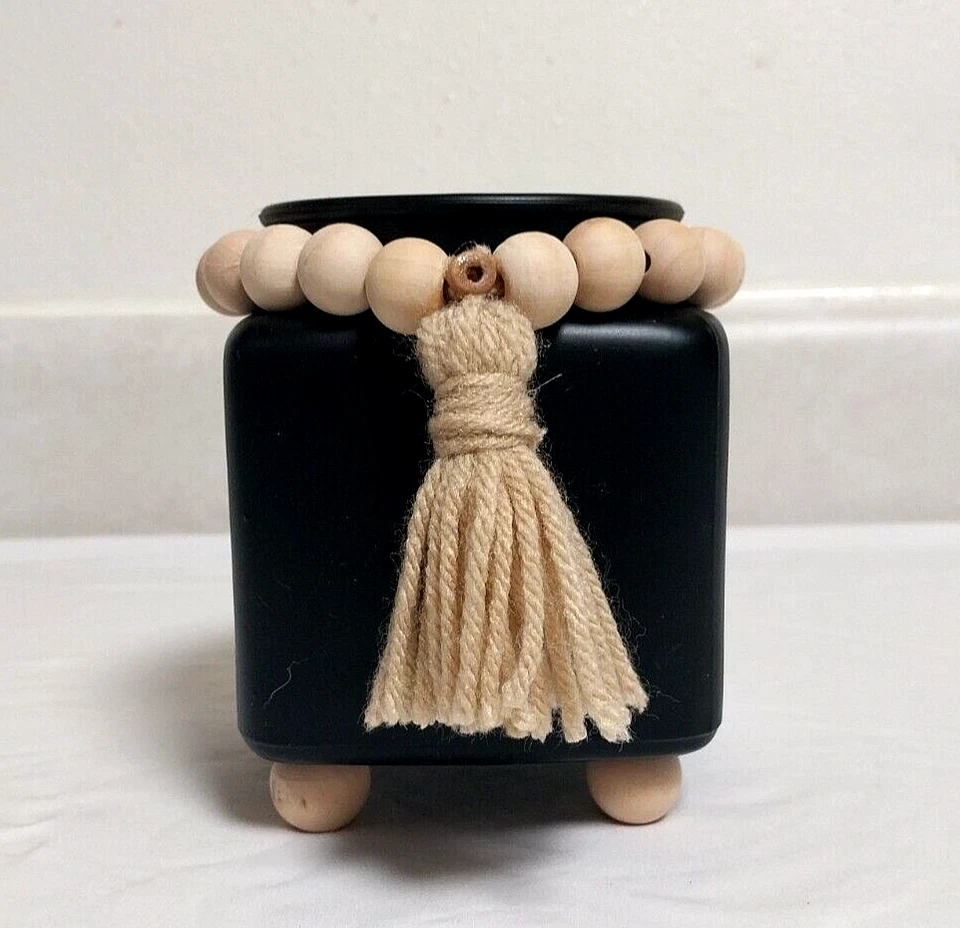 PAINTED GLASS VASE BLACK MATTE FOOTED W/ NATURAL WOOD BEADED TASSEL 5" T x 4" W - Image 1 of 4
