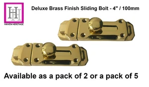 Door Bolt Dead Lock 4" Polished BRASS Finish Sliding Deluxe Heavy Duty Catch - Picture 1 of 13