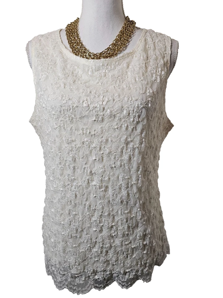 Camiseta sin mangas East 5th para mujer blanca de encaje totalmente forrada sin mangas pulóver grande L Foto 1 de 4