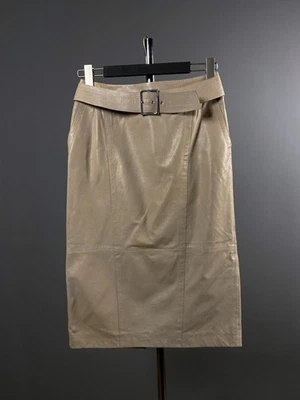 Rare Max Mara Womens Tan Leather A Line Belted Back Slit Skirt US 8 GB 10 IT 42 - Image 1 of 4