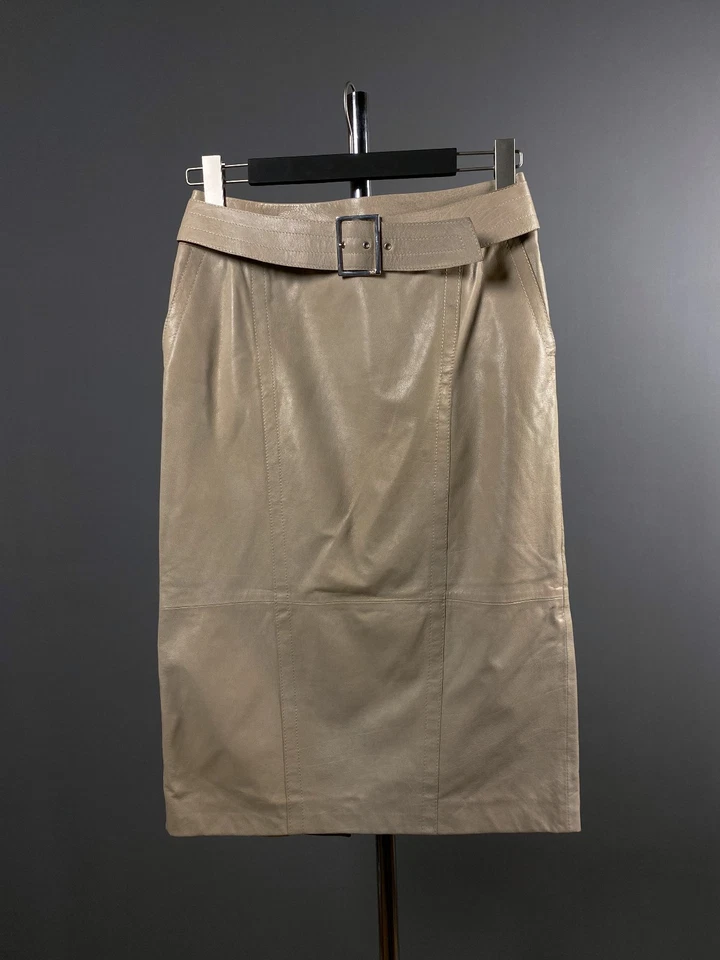 Rare Max Mara Womens Tan Leather A Line Belted Back Slit Skirt US 8 GB 10 IT 42 - Image 1 of 4