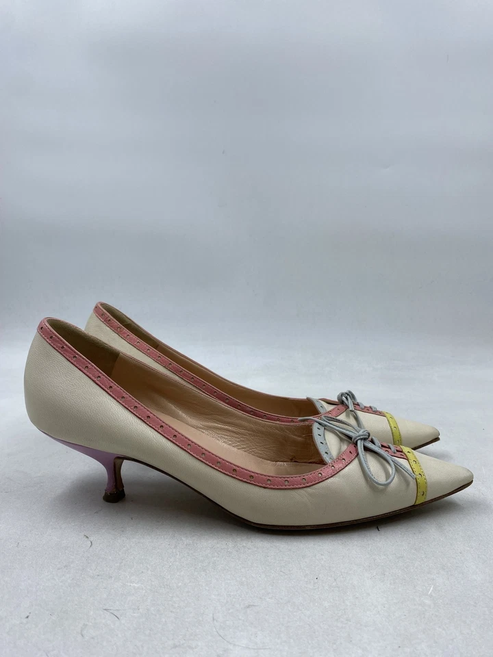 Moschino Marfil Rosa Amarillo Cuero Arco Gatito Tacones W 8 Foto 1 de 4