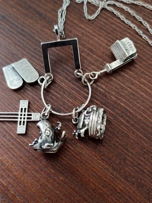 Vtg Sterling Necklace w/Charm holder and  Religious charms -Jonah, Noahs Ark, + - Image 1 of 4