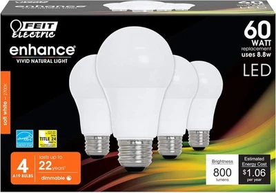 Feit Electric OM60DM/927CA/4 LED Lamp A19 Lamp, 60 W Equivalent, E26 Lamp 4PK - Image 1 of 3