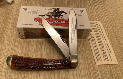 Winchester USA 2 Blade Burnt Orange Bone Handle W18 29105 Cartridge Shield NIB. - Image 1 of 4