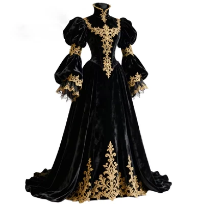Vintage Tudor Black Wedding Dress With Gold Lace Renaissance Costume Bridal Gown - Image 1 of 4
