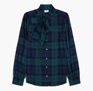NUEVO CON ETIQUETAS J. Blusa Top Crew Para Mujer XS Negra Reloj Cuello Lazo a Cuadros LS Azul Marino Verde - Imagen 1 de 4