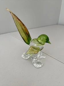 Vintage Murano Crystal Art Green And Golden Glass Bird Figurine on clear perch - Picture 1 of 7