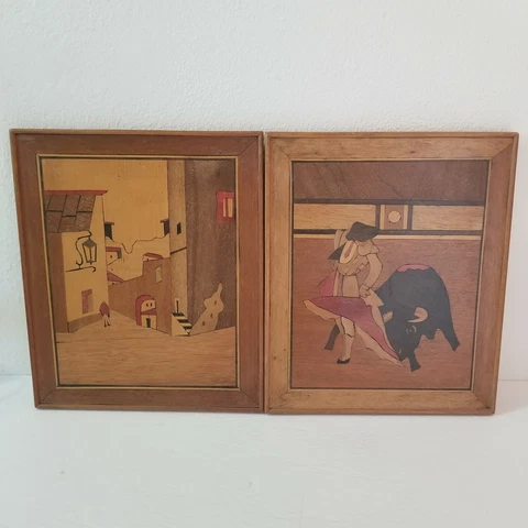 Pair of Wood Inlay Pictures Spanish Town Matador Bull Fighting Marquetry 12 x 10 Cover