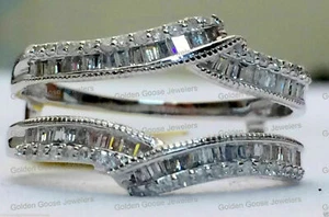 Siz 7 White Gold Baguette Round Diamonds Ring Guard Wrap Solitaire Enhancer 14k - Picture 1 of 12