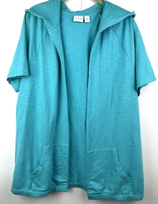 Chicos Weekends Hoodie Size 2 Large Blue Short Sleeve Cotton Blend Open Pockets - Image 1 of 4