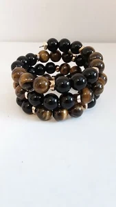 Handmade Beaded Healing Bracelet and Earring Set Amber Tigereye Black Glass - Picture 1 of 4