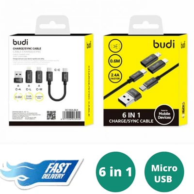  Genuine Budi Micro USB Charging  Data Sync Fast Cable 0.6m 6 in 1 All in 1 USB  - Image 1 of 4