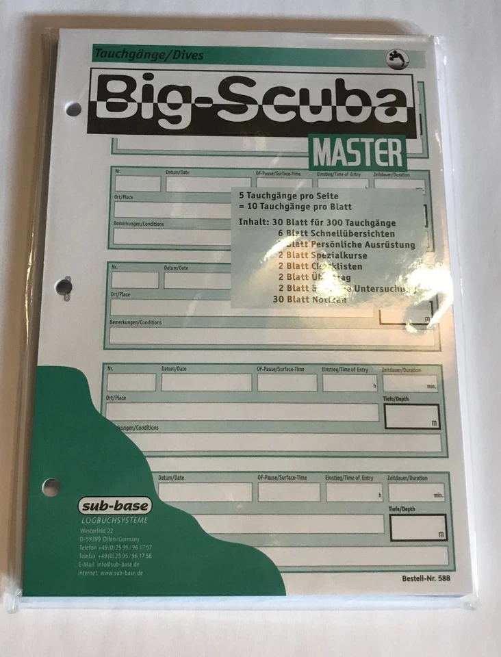 sub-book Logbuch Einlagen A5 Big Scuba MASTER Einlagen mit 3er PADI Lochung NEU - Bild 1 von 1