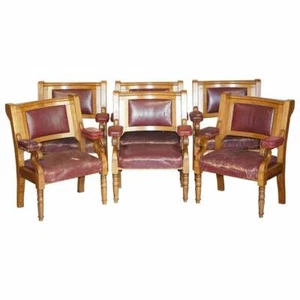 RARE SUITE OF SIX VERY LARGE ORIGINAL LEATHER GOLDEN OAK FREEMASON'S ARMCHAIRS - Picture 1 of 12