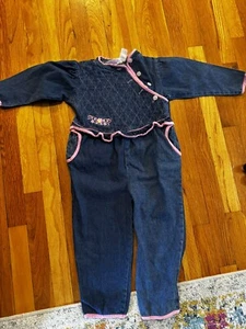 Vintage Rachel’s Kids Girls Size 4 Denim One Piece Jumpsuit Floral Pink Trim - Picture 1 of 11