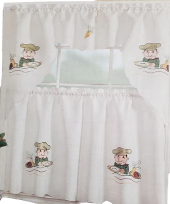 3 шт. Набор Штор с Вышивкой: 2 Уровня и Сваг, ТОЛСТЫЙ ШЕФ-ПОВАР С СУПОВОЙ ТАРЕЛКОЙ, MHF - Изображение 1 из 4