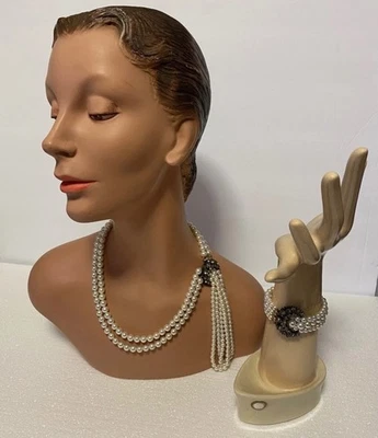 Vintage 40’s Hattie Carnegie Multi Strand Pearl/Rhinestone Necklace and Bracelet - Image 1 of 4