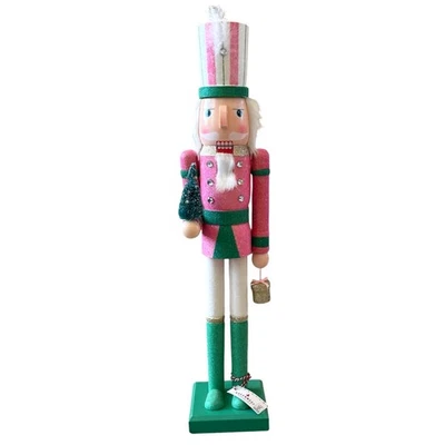 Pink & Green Glitter 23in Wooden Christmas Nutcracker Soldier Holiday Decor New - Image 1 of 4