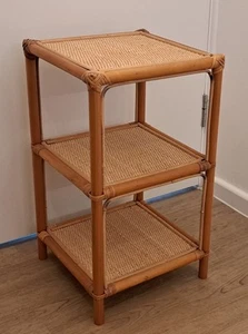 WOODEN BAMBOO THREE TIER 23" SQUARE RATTAN SHELF RACK STAND SIDE TABLE SHELVING - Picture 1 of 19