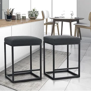 Bar Stools Set of 2 Black, 24 Inch Counter Height Stool with Footrest PU Leather - Picture 1 of 7